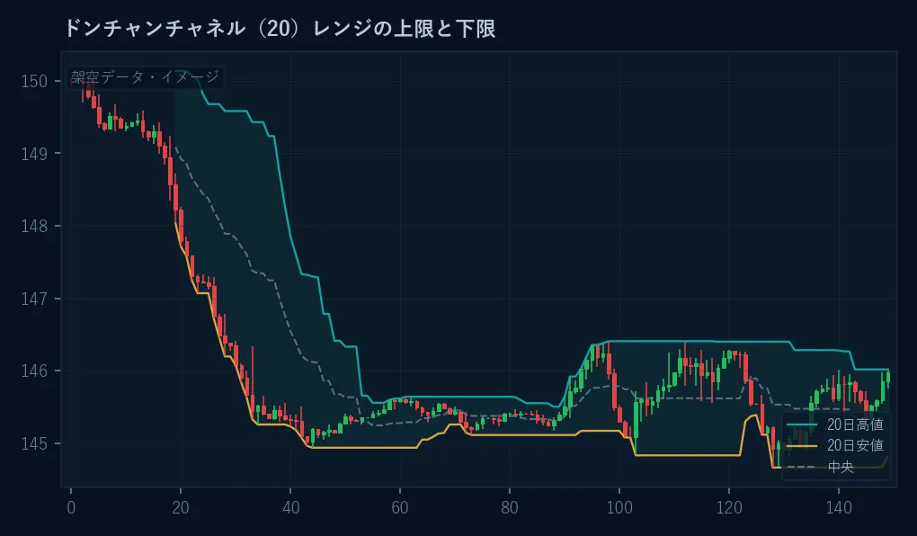 ローソク足にドンチャンチャネル(20日高値、20日安値、中央)を重ねたイメージ。